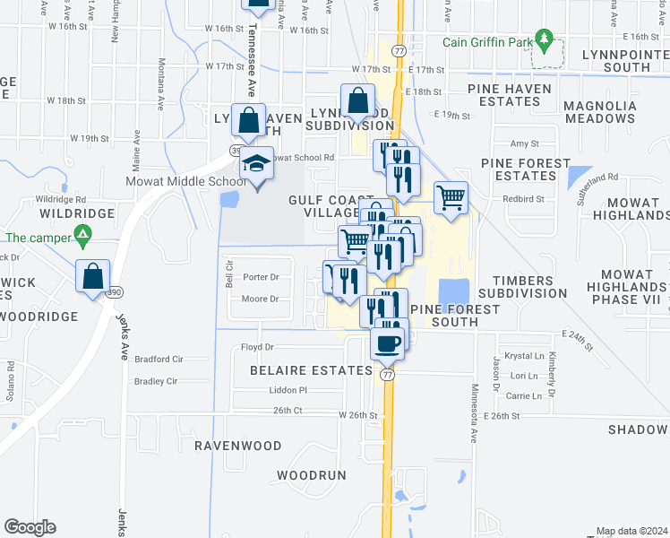 map of restaurants, bars, coffee shops, grocery stores, and more near 2200 Florida 77 in Lynn Haven