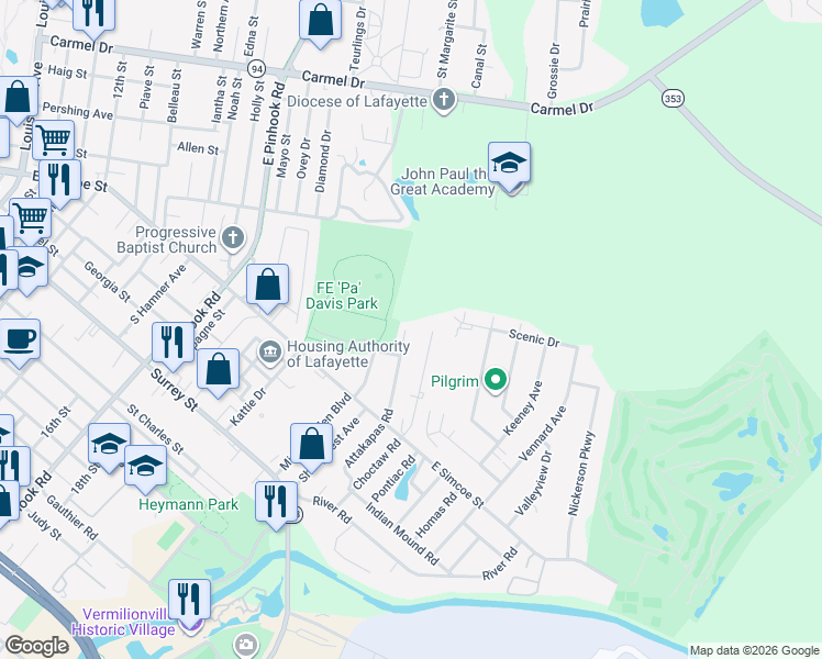 map of restaurants, bars, coffee shops, grocery stores, and more near 406 Attakapas Road in Lafayette