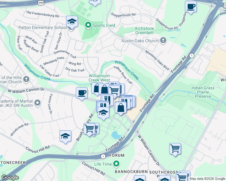 map of restaurants, bars, coffee shops, grocery stores, and more near 4515 Langtry Lane in Austin