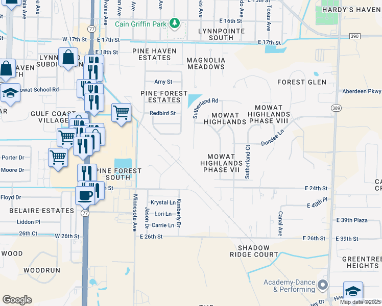 map of restaurants, bars, coffee shops, grocery stores, and more near 2204 Sutherland Road in Lynn Haven