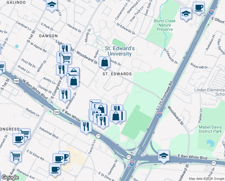 map of restaurants, bars, coffee shops, grocery stores, and more near 3449 Willowrun Drive in Austin