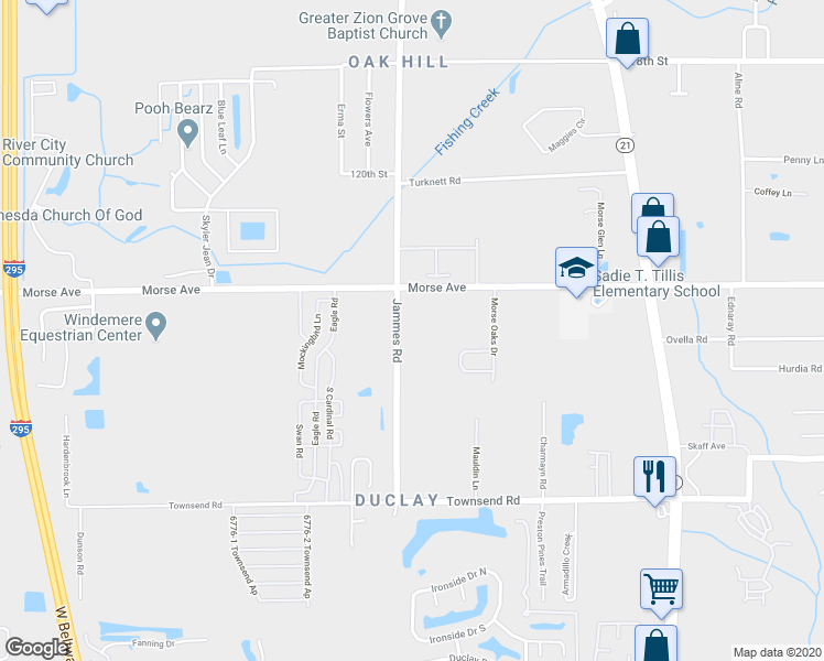 map of restaurants, bars, coffee shops, grocery stores, and more near 6851 Jammes Road in Jacksonville