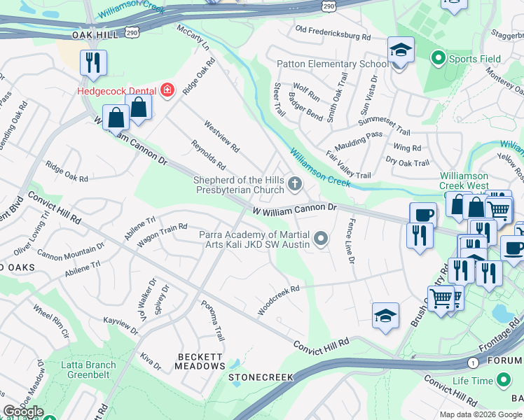 map of restaurants, bars, coffee shops, grocery stores, and more near 5328 West William Cannon Drive in Austin