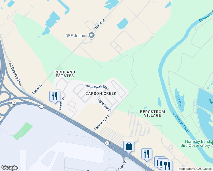 map of restaurants, bars, coffee shops, grocery stores, and more near 9510 Carson Creek Boulevard in Austin
