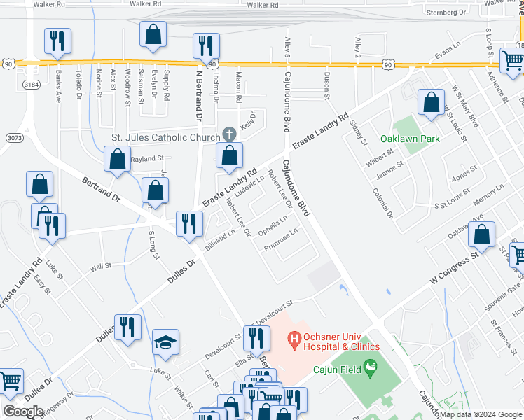 map of restaurants, bars, coffee shops, grocery stores, and more near 108 Billeaud Lane in Lafayette