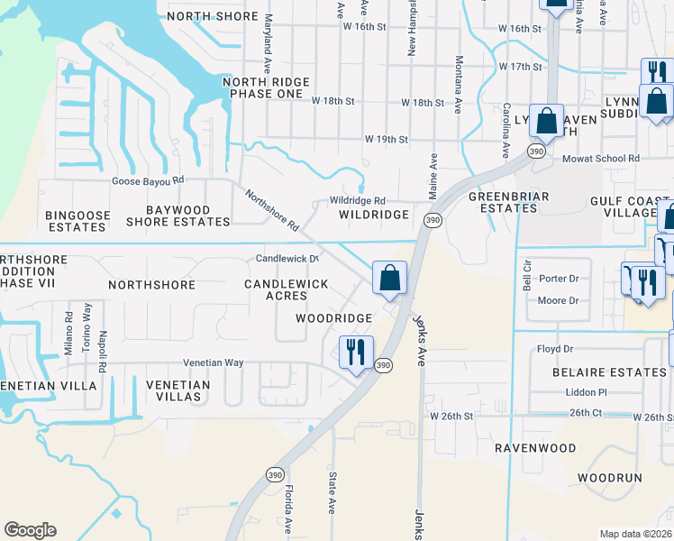 map of restaurants, bars, coffee shops, grocery stores, and more near 499 Candlewick Dr in Panama City
