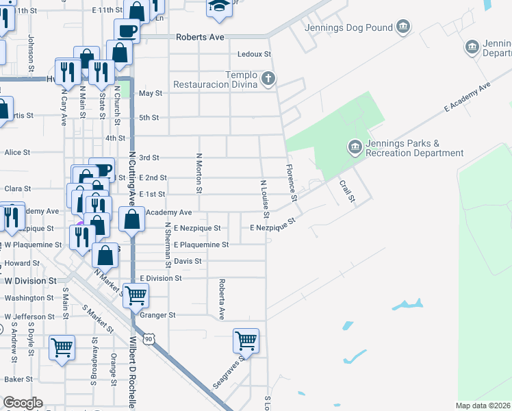 map of restaurants, bars, coffee shops, grocery stores, and more near 715 East 1st Street in Jennings