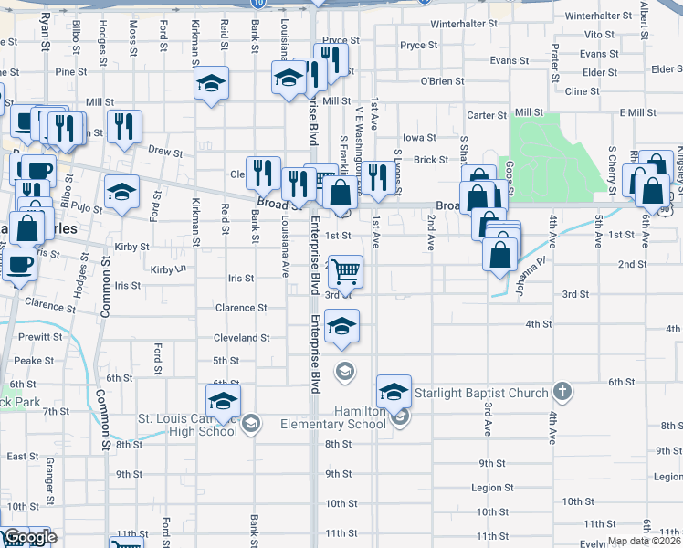 map of restaurants, bars, coffee shops, grocery stores, and more near 1230 2nd Street in Lake Charles