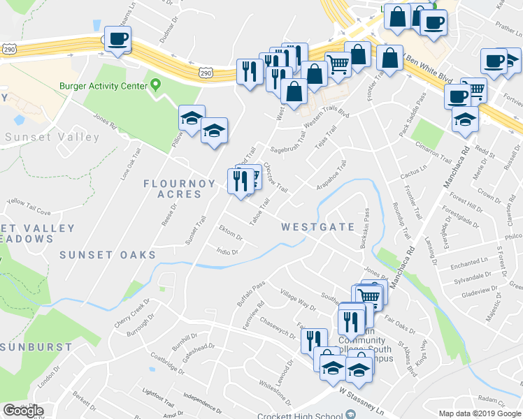 map of restaurants, bars, coffee shops, grocery stores, and more near Jones Road & Tahoe Trail in Austin