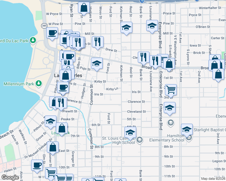 map of restaurants, bars, coffee shops, grocery stores, and more near 726 Kirby Ln in Lake Charles