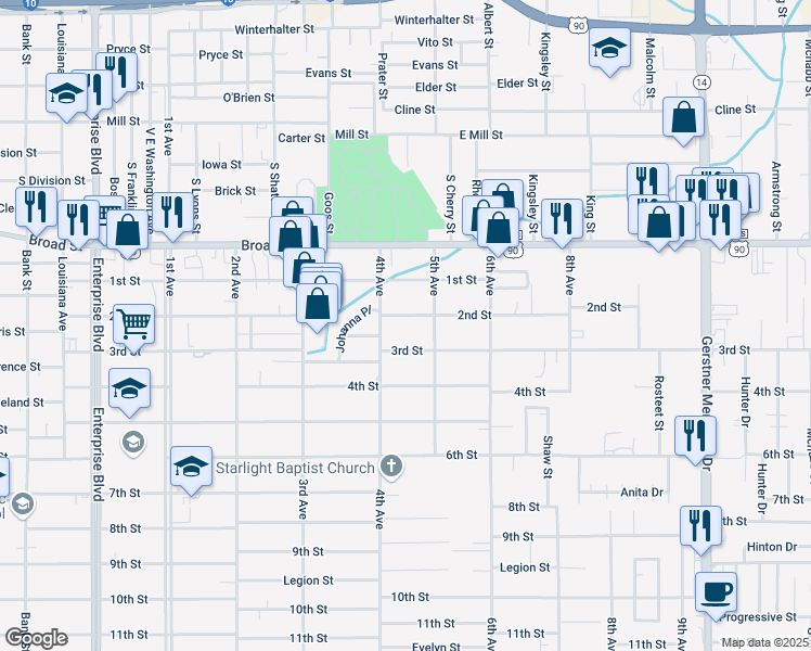 map of restaurants, bars, coffee shops, grocery stores, and more near 2014 2nd St in Lake Charles