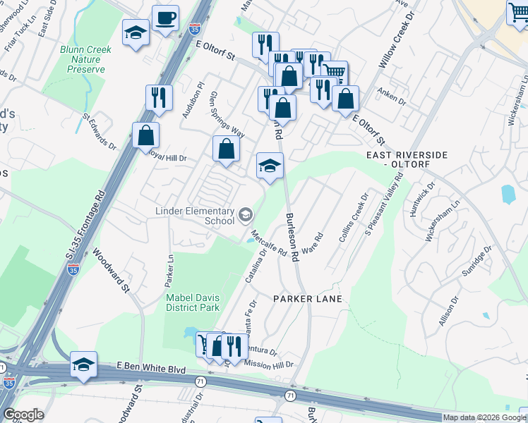 map of restaurants, bars, coffee shops, grocery stores, and more near 2817 Metcalfe Road in Austin