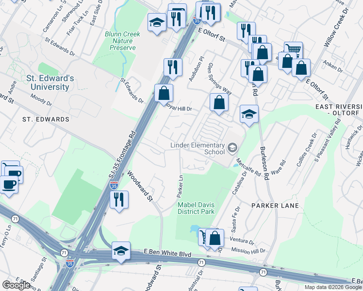 map of restaurants, bars, coffee shops, grocery stores, and more near 1799 Timber Ridge Rd in Austin