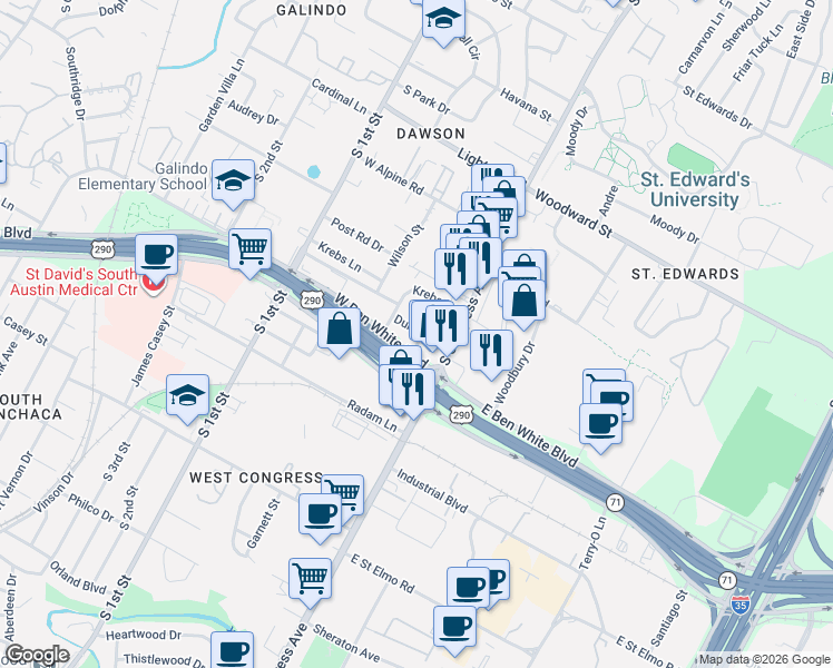 map of restaurants, bars, coffee shops, grocery stores, and more near 3900 Wadford Street in Austin