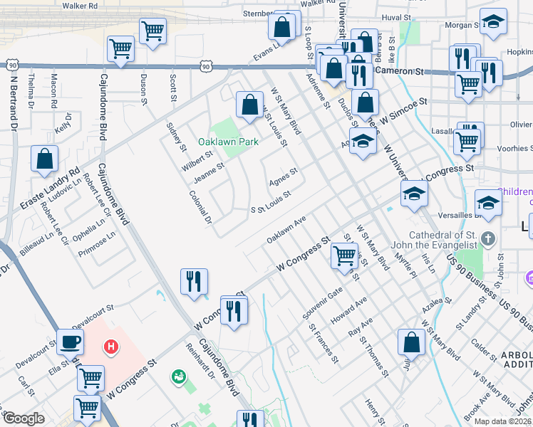 map of restaurants, bars, coffee shops, grocery stores, and more near 215 South Saint Louis Street in Lafayette