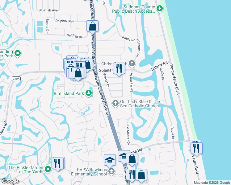 map of restaurants, bars, coffee shops, grocery stores, and more near 38 Monterey Street in Ponte Vedra Beach