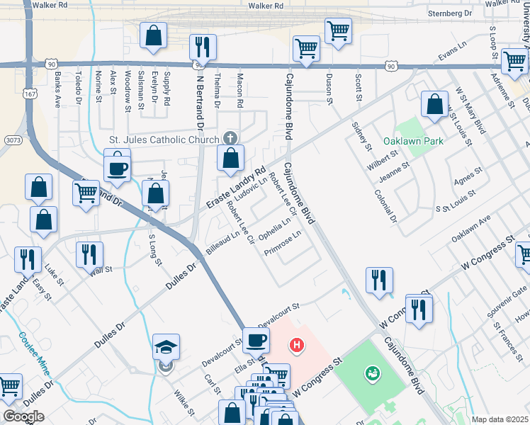 map of restaurants, bars, coffee shops, grocery stores, and more near 115 Delmar Lane in Lafayette