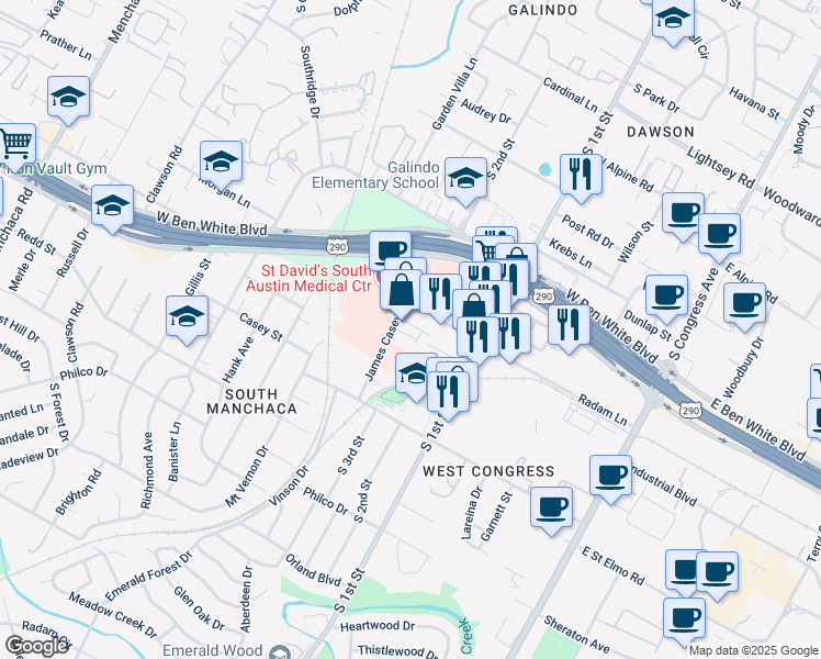 map of restaurants, bars, coffee shops, grocery stores, and more near 619 Radam Lane in Austin