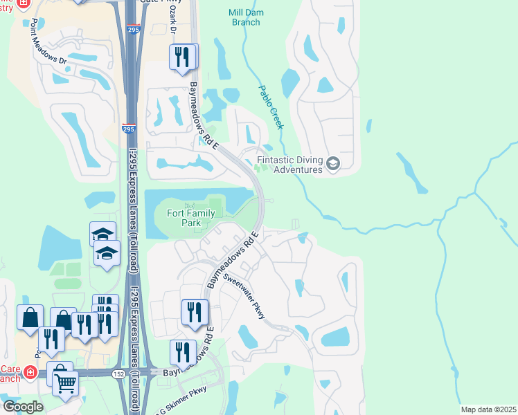 map of restaurants, bars, coffee shops, grocery stores, and more near 8302 Baymeadows Road East in Jacksonville