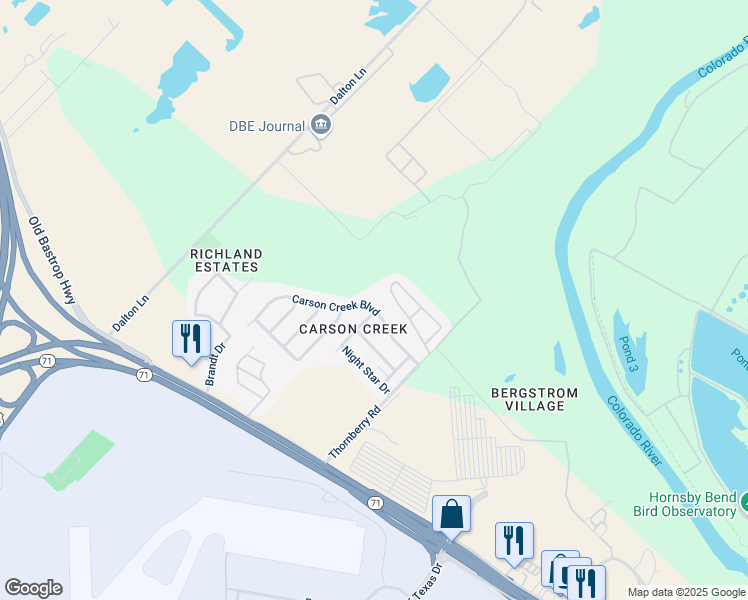 map of restaurants, bars, coffee shops, grocery stores, and more near 9510 Carson Creek Boulevard in Austin