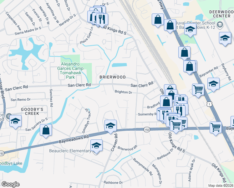 map of restaurants, bars, coffee shops, grocery stores, and more near 4850 Brighton Drive in Jacksonville