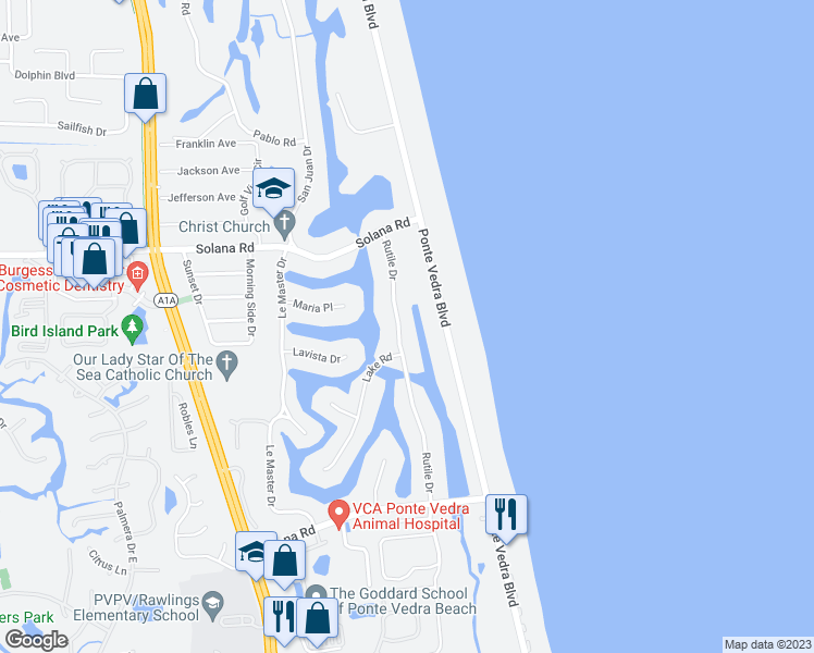map of restaurants, bars, coffee shops, grocery stores, and more near 521 Rutile Drive in Ponte Vedra Beach
