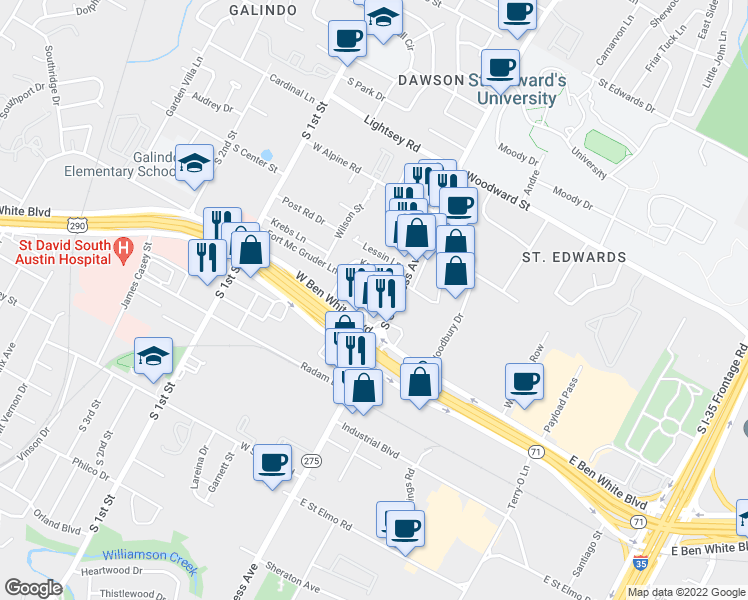 map of restaurants, bars, coffee shops, grocery stores, and more near 116 Dunlap Street in Austin