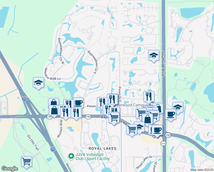 map of restaurants, bars, coffee shops, grocery stores, and more near 8025 Baymeadows Circle East in Jacksonville