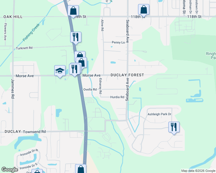 map of restaurants, bars, coffee shops, grocery stores, and more near 5825 Ovella Road in Jacksonville