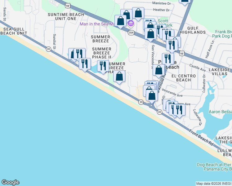 map of restaurants, bars, coffee shops, grocery stores, and more near 17283 Front Beach Road in Panama City Beach