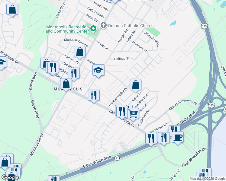 map of restaurants, bars, coffee shops, grocery stores, and more near 1703 Arcilla Street in Austin