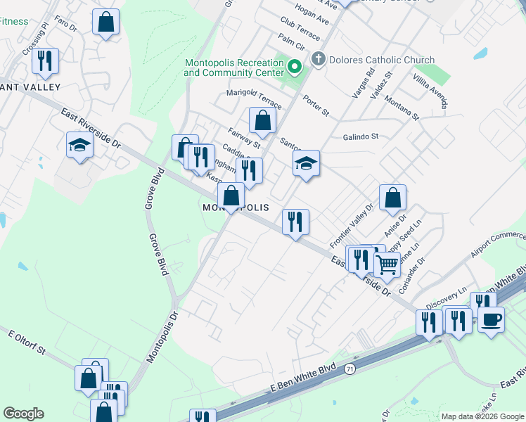 map of restaurants, bars, coffee shops, grocery stores, and more near 6400 East Riverside Drive in Austin