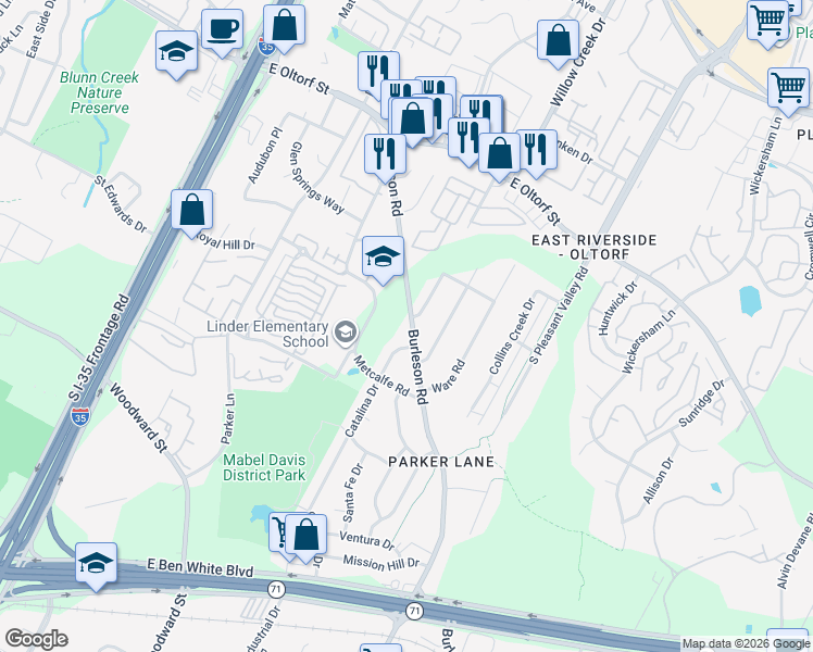 map of restaurants, bars, coffee shops, grocery stores, and more near 2620 Burleson Road in Austin