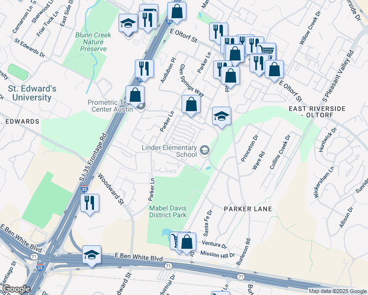 map of restaurants, bars, coffee shops, grocery stores, and more near 1925 Warely Lane in Austin
