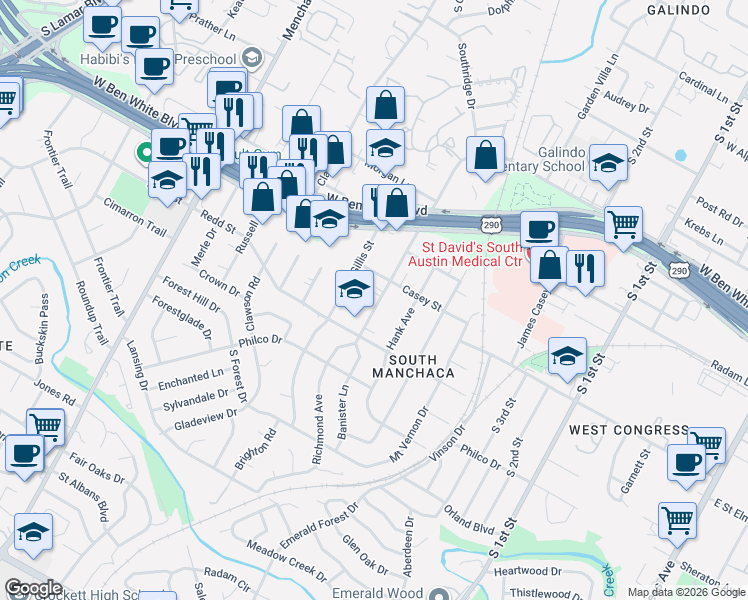 map of restaurants, bars, coffee shops, grocery stores, and more near 4406 Banister Lane in Austin