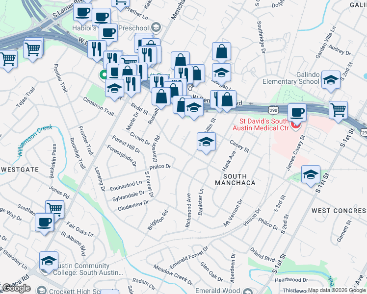 map of restaurants, bars, coffee shops, grocery stores, and more near 4424 Diane Drive in Austin