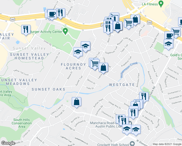 map of restaurants, bars, coffee shops, grocery stores, and more near 5220 Tahoe Trail in Austin