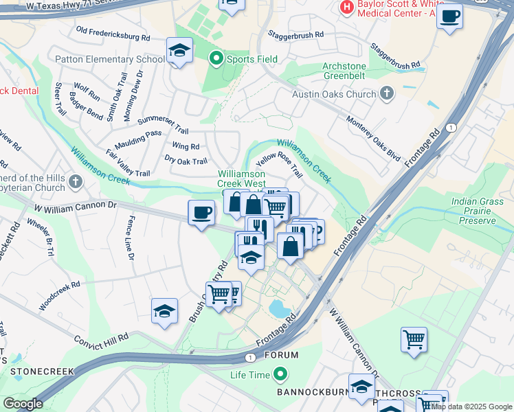 map of restaurants, bars, coffee shops, grocery stores, and more near 4527 Langtry Lane in Austin