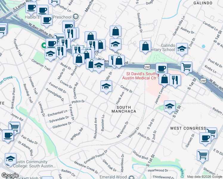map of restaurants, bars, coffee shops, grocery stores, and more near 4412 Banister Lane in Austin