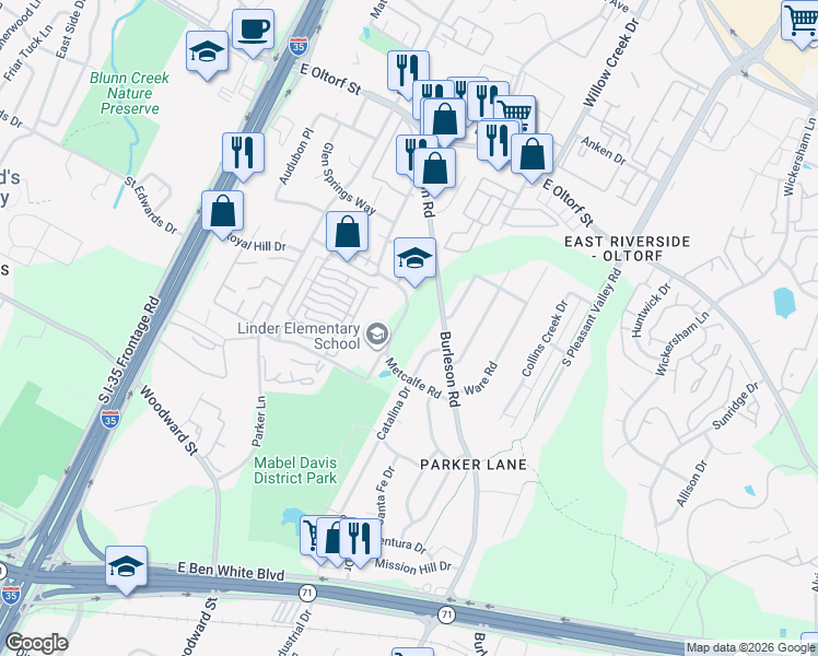 map of restaurants, bars, coffee shops, grocery stores, and more near 2817 Metcalfe Road in Austin