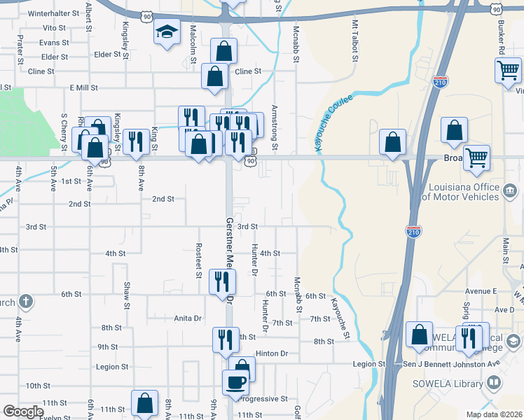 map of restaurants, bars, coffee shops, grocery stores, and more near 1004 Highway 14 in Lake Charles