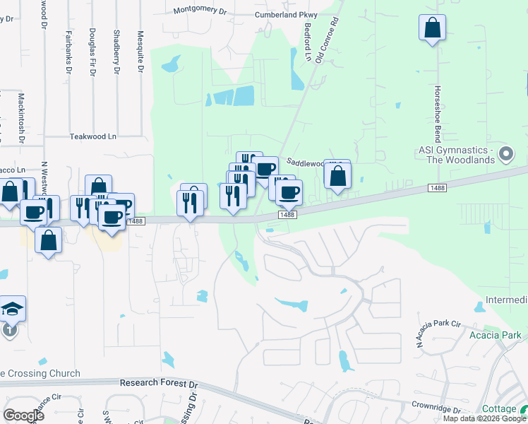 map of restaurants, bars, coffee shops, grocery stores, and more near 4870 Farm to Market Road 1488 in Conroe