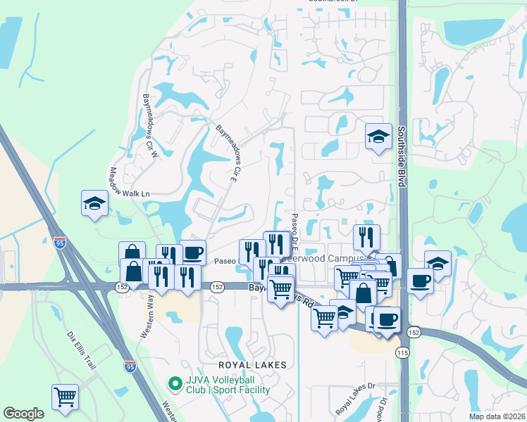 map of restaurants, bars, coffee shops, grocery stores, and more near 8025 Baymeadows Circle East in Jacksonville