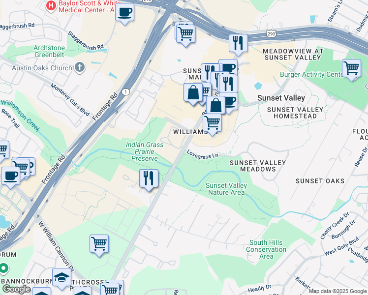 map of restaurants, bars, coffee shops, grocery stores, and more near 5794 Brodie Lane in Sunset Valley