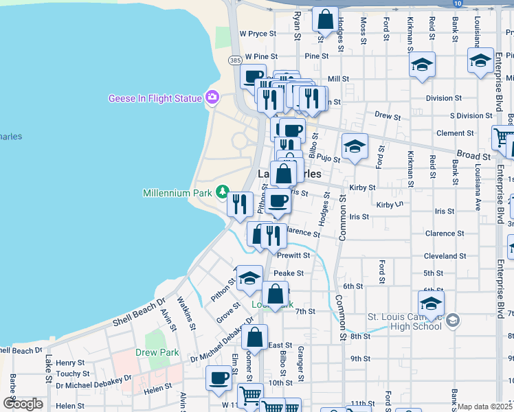 map of restaurants, bars, coffee shops, grocery stores, and more near 1116 Pithon Street in Lake Charles