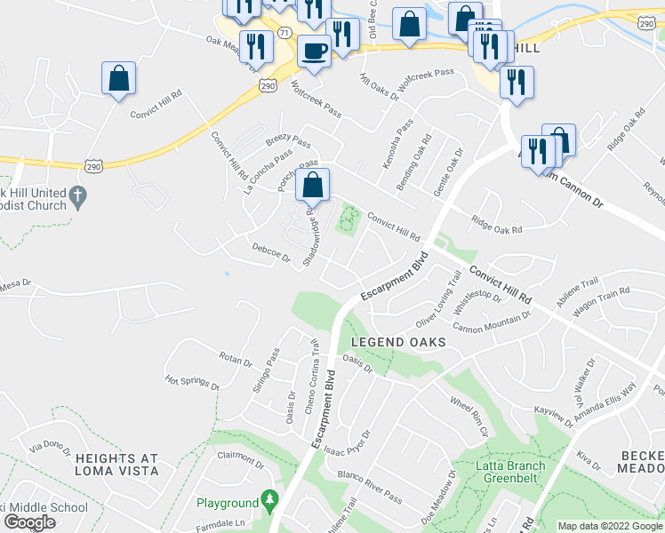 map of restaurants, bars, coffee shops, grocery stores, and more near 7601 Orrick Drive in Austin