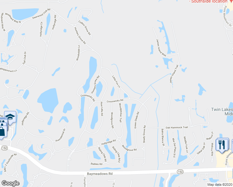 map of restaurants, bars, coffee shops, grocery stores, and more near 7976 Woodpecker Trail in Jacksonville