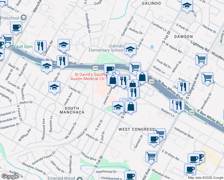 map of restaurants, bars, coffee shops, grocery stores, and more near 4207 James Casey Street in Austin