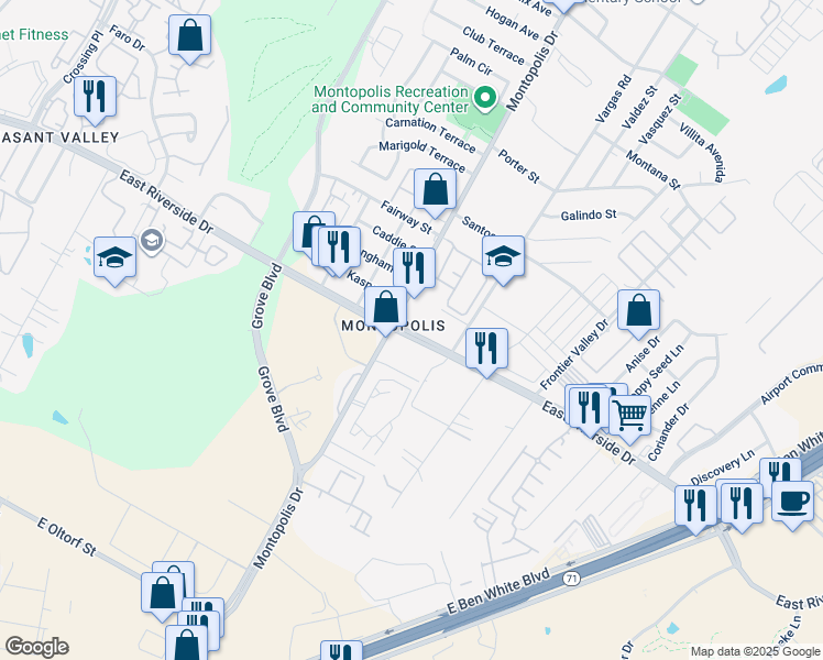 map of restaurants, bars, coffee shops, grocery stores, and more near 1905 Montopolis Drive in Austin