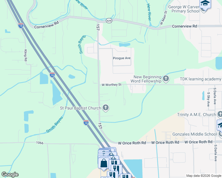 map of restaurants, bars, coffee shops, grocery stores, and more near 39053 W Worthy Rd in Gonzales